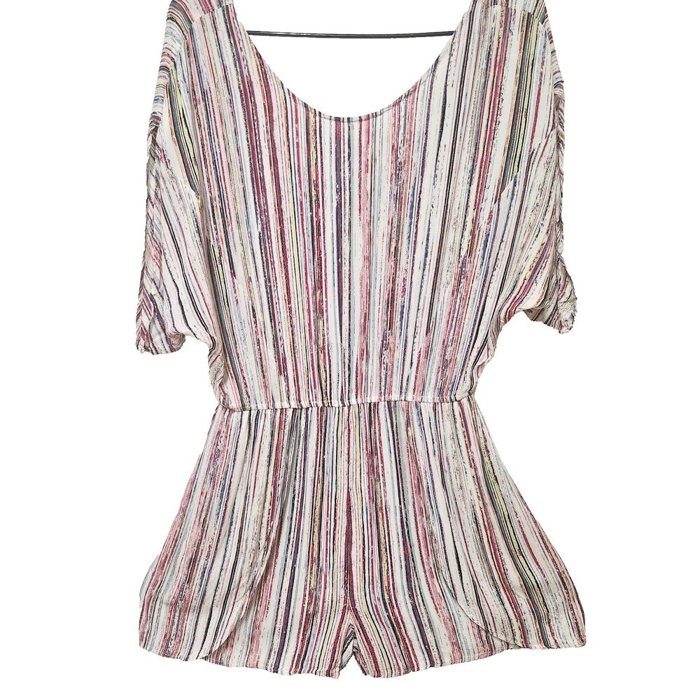 BCBGeneration Womens Striped Tie Back Romper Multi Color Pockets Dolman Sleeve M